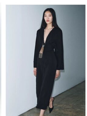 Zara Black Midi Dress with Deep V Neck